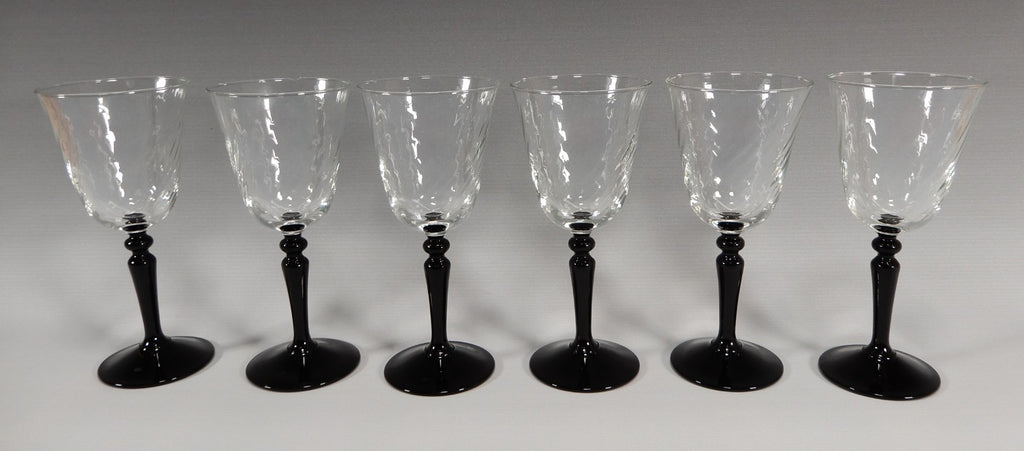 6 Piece Cristal D'Arques Onyx Wine Glasses W/Optic Bowls Black Stem France 5oz