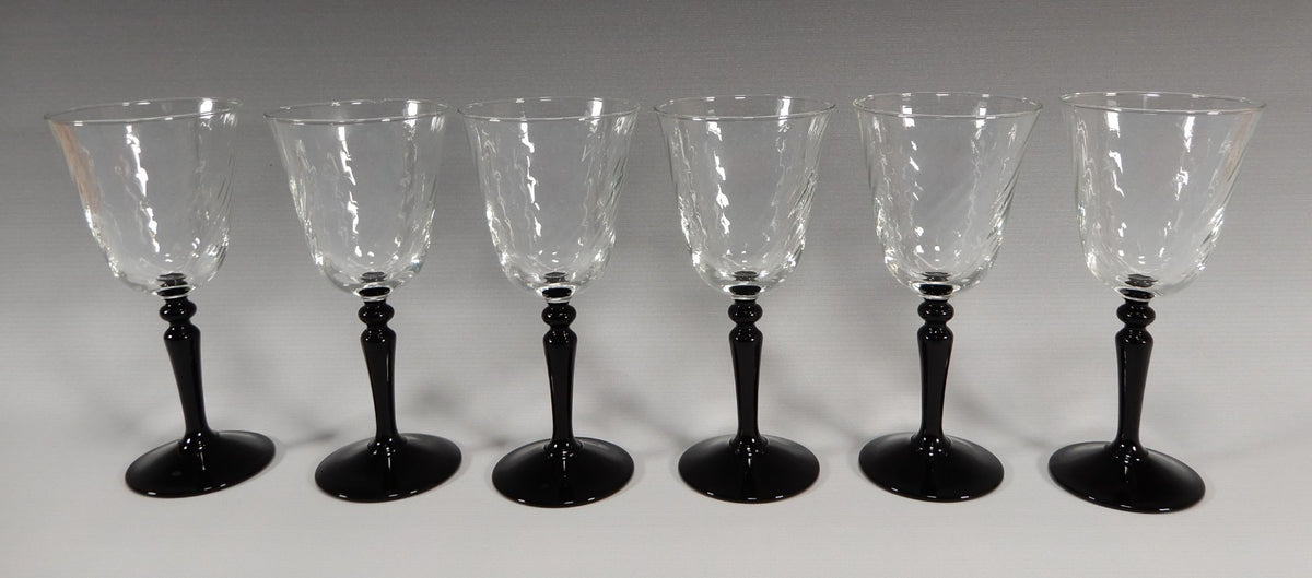 6 Piece Cristal D'Arques Onyx Wine Glasses W/Optic Bowls Black Stem France 5oz