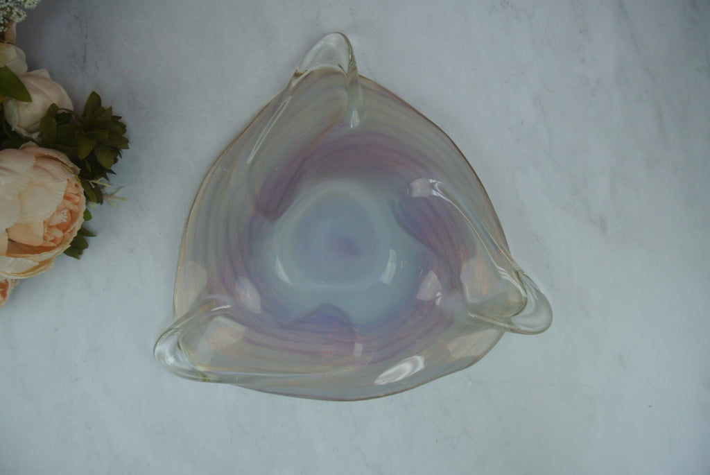 Murano Spiral Flat Bowl Hand Blown Glass Bowl in Pink, Gold Glitter No mark