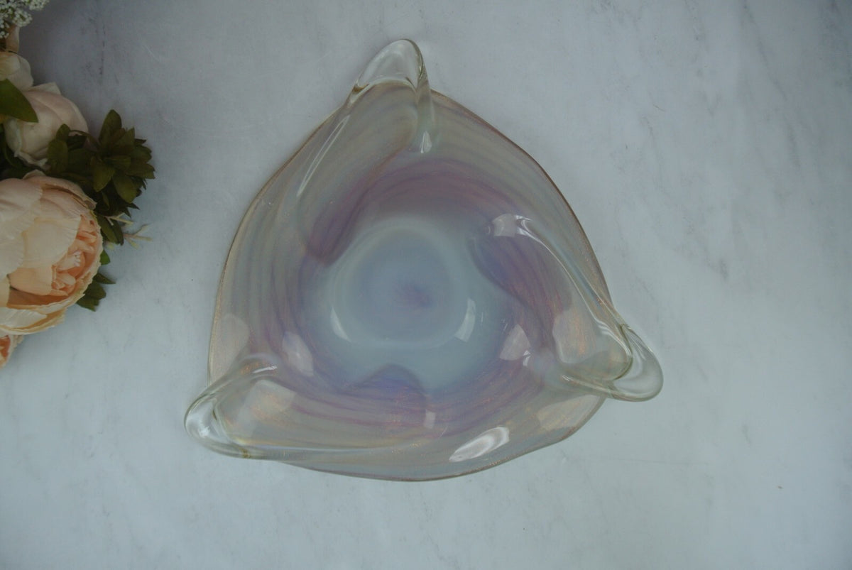 Murano Spiral Flat Bowl Hand Blown Glass Bowl in Pink, Gold Glitter No mark