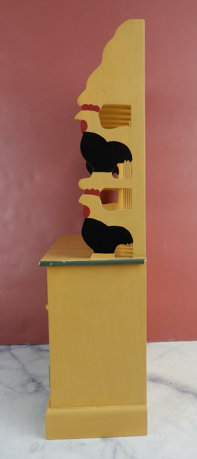 Vtge Small Wood Toy Plate Rack with 2 Shelves,2 Doors Hand Painted w/ Chickens