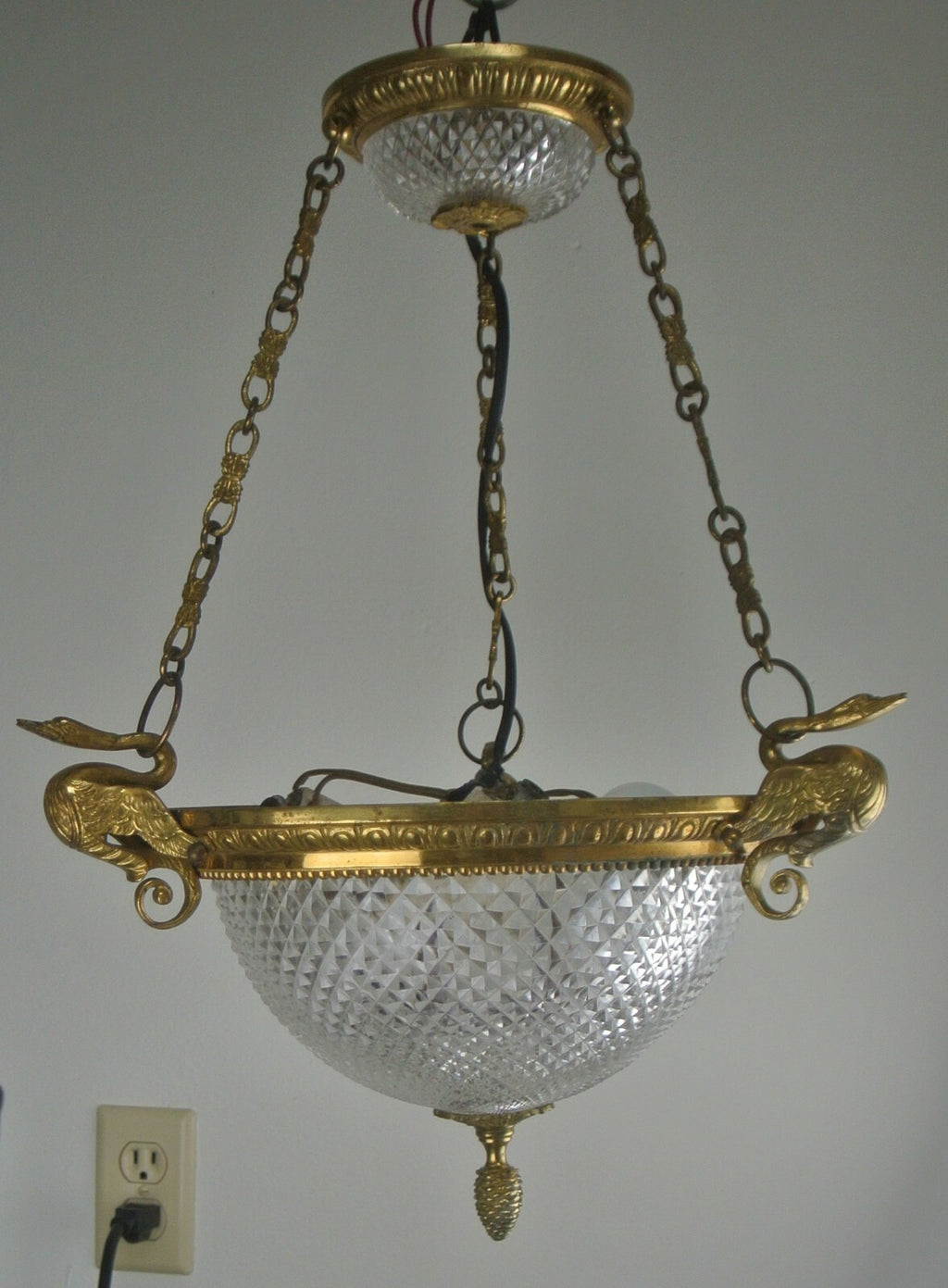 Vintage French Brass Ceiling Fixture Chandelier with Cut Glass Crystal Body