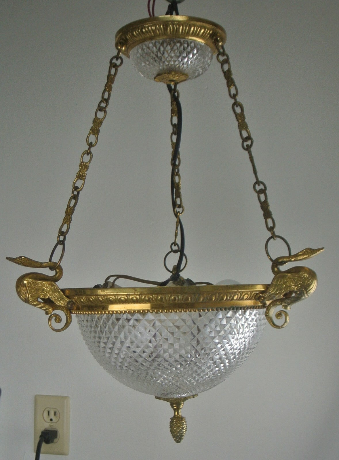 Vintage French Brass Ceiling Fixture Chandelier with Cut Glass Crystal Body