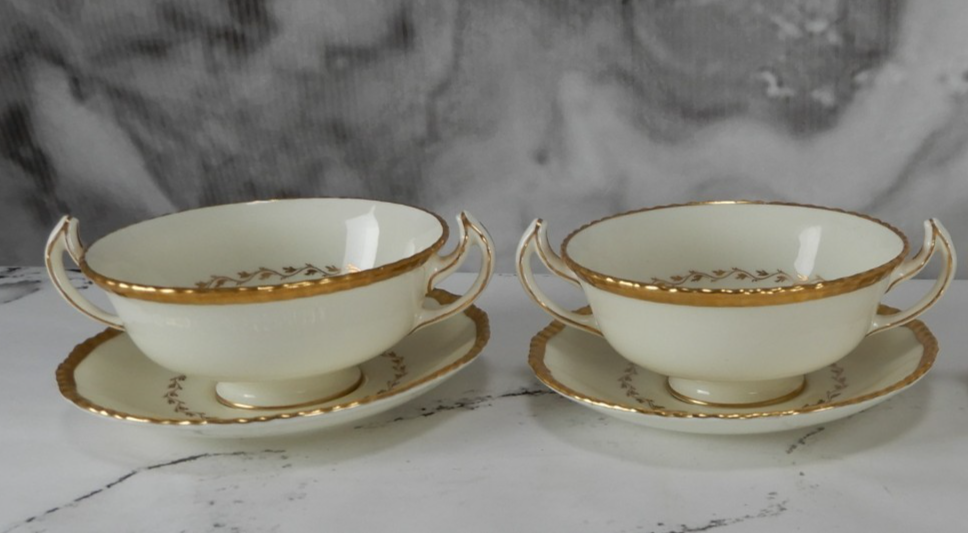 2 Royal Doulton Bone China "Belvedere V1877 "Handled Cream Soup Bowls w/ Saucers