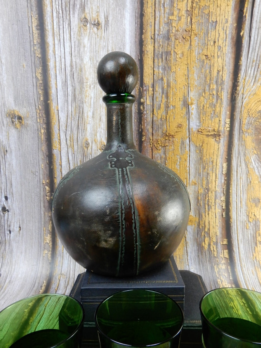 Italian Leather Wrapped Decanter Green Glass Liquor Bottle w/Matching Glasses