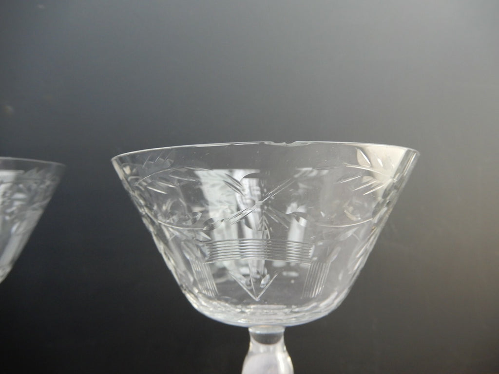 Set of 5 Flower Ornate Etched Old Crystal Champagne/ Sherbet 6oz Glasses