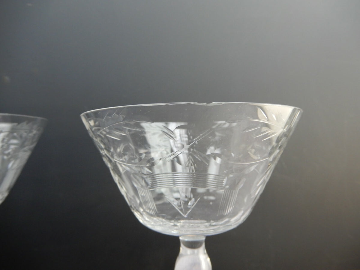 Set of 5 Flower Ornate Etched Old Crystal Champagne/ Sherbet 6oz Glasses