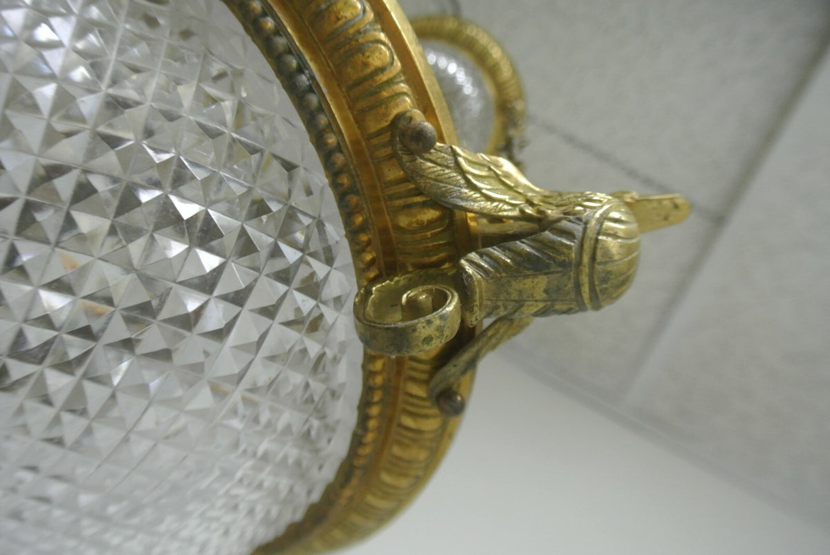 Vintage French Brass Ceiling Fixture Chandelier with Cut Glass Crystal Body
