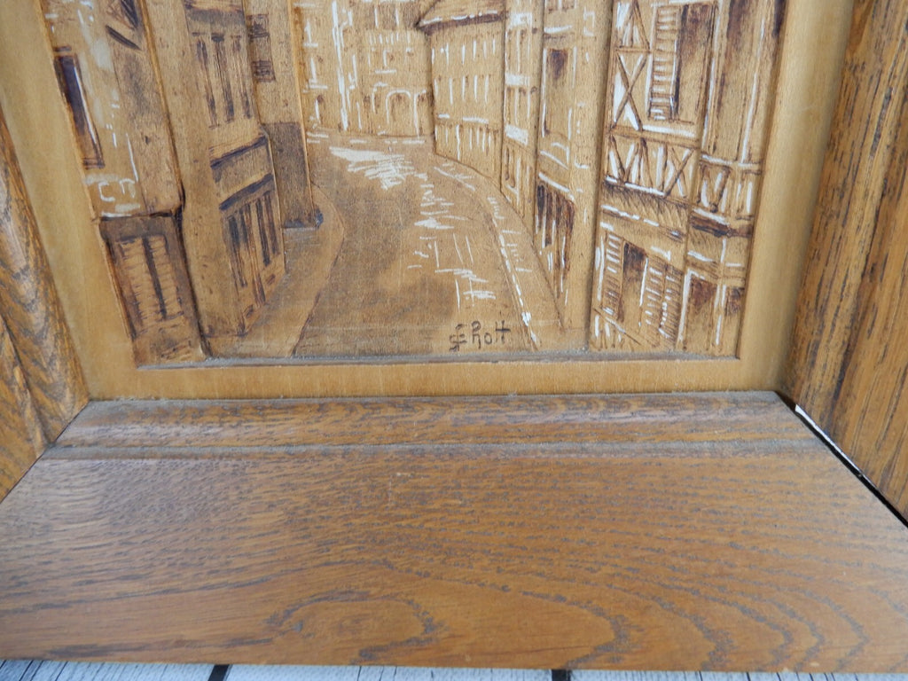 Vtg. Hand Carving of an Old Town Wall Decoration Frame Wall Plaque Signed E.Rott