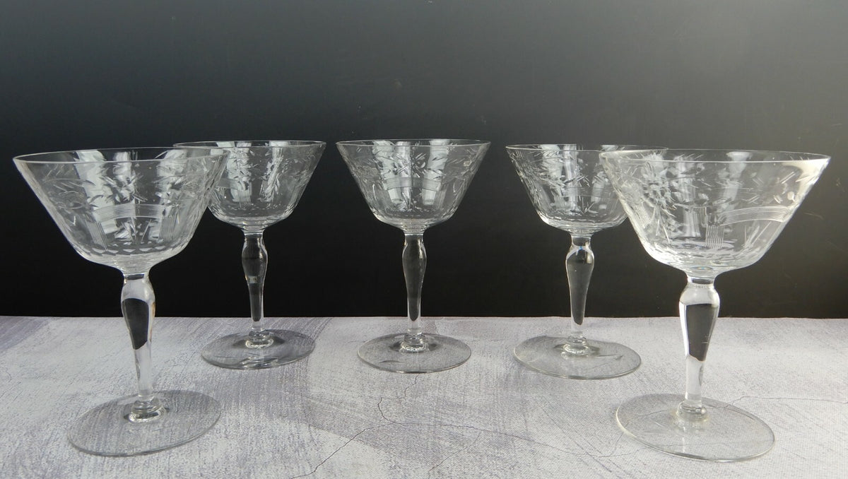 Set of 5 Flower Ornate Etched Old Crystal Champagne/ Sherbet 6oz Glasses