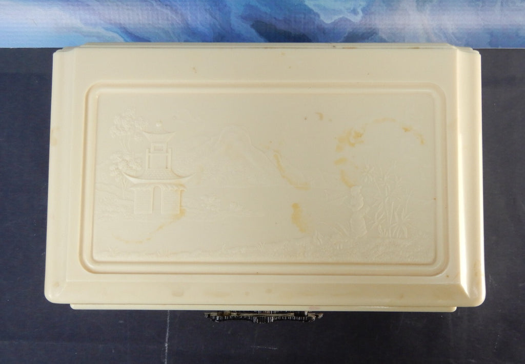 Vintage Asian Celluloid Bakelite Beige Jewelry Box Embossed Black Dragon Handles