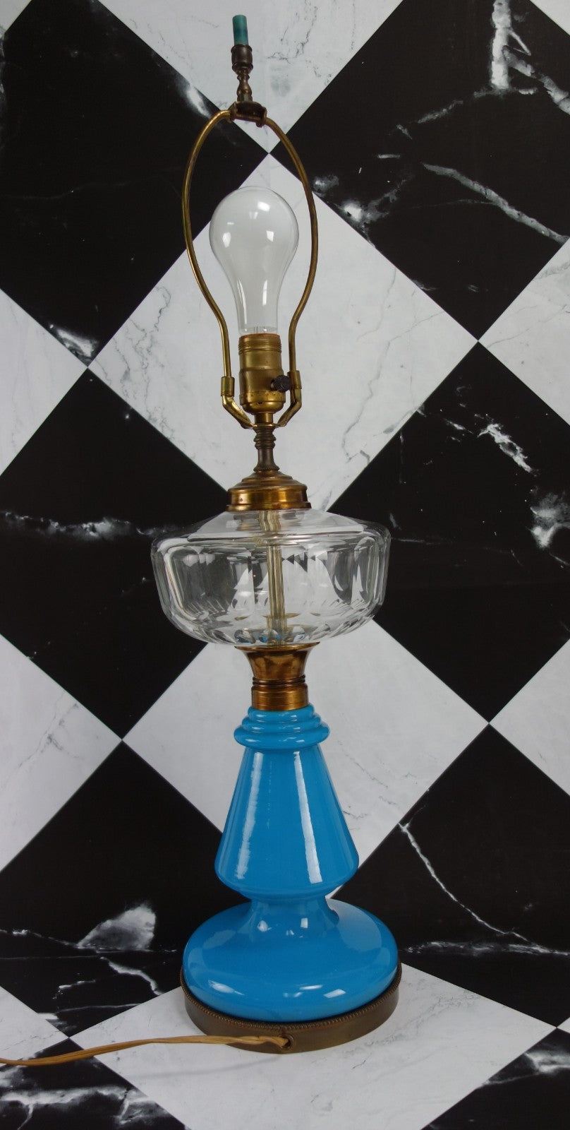 Vintage Turquoise Blue Opaline Glass Clear Top Glass Brass Base 3 Way Table Lamp