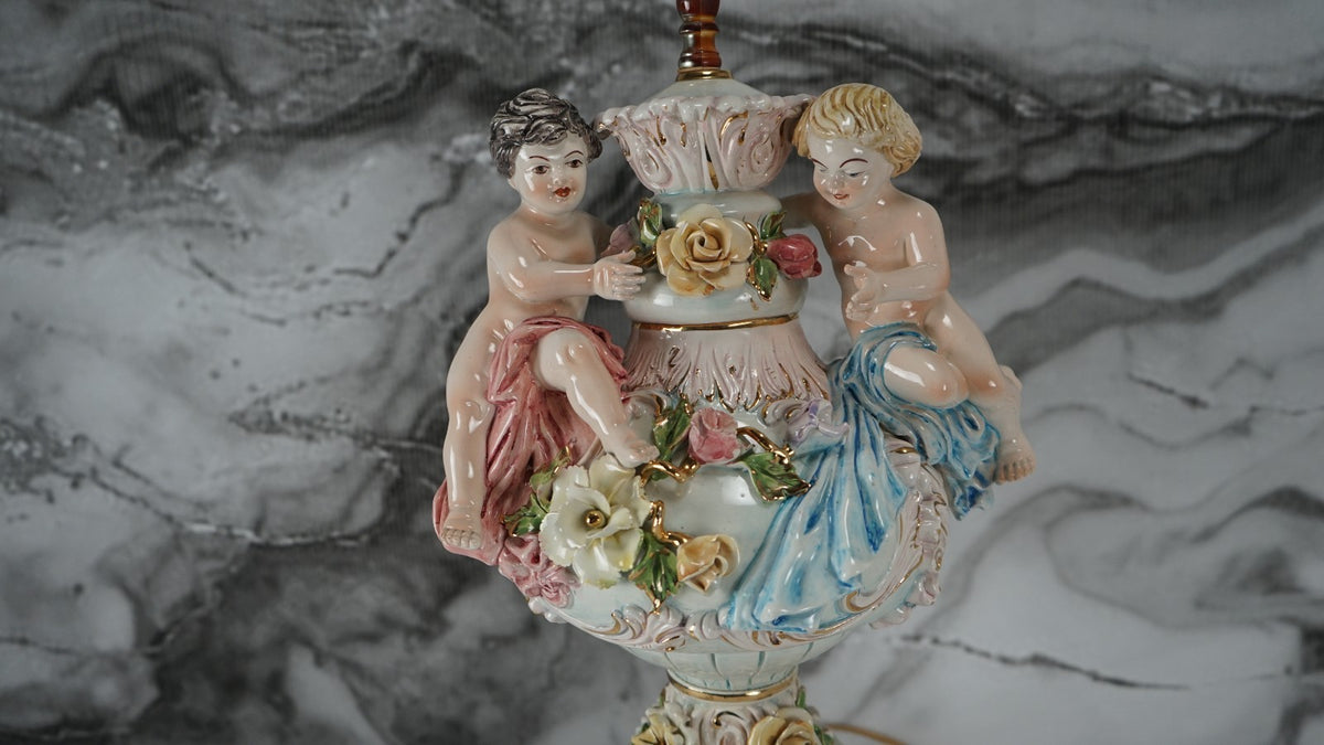 Vintage Porcelain Floral Capodimonte 3 way Light Italian Table Lamp w/Cherubs