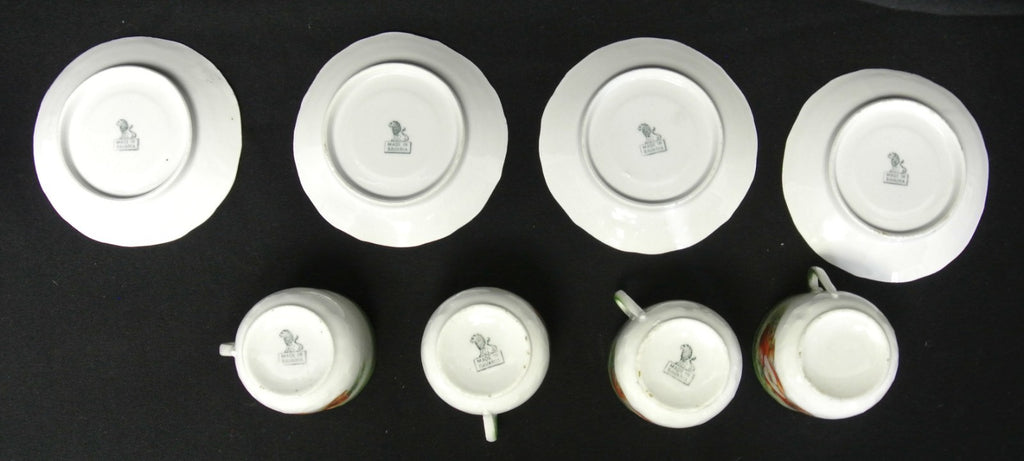4 Vintage Lion Mark Made in Bavaria Green Cups & Saucers Decorated with Apples