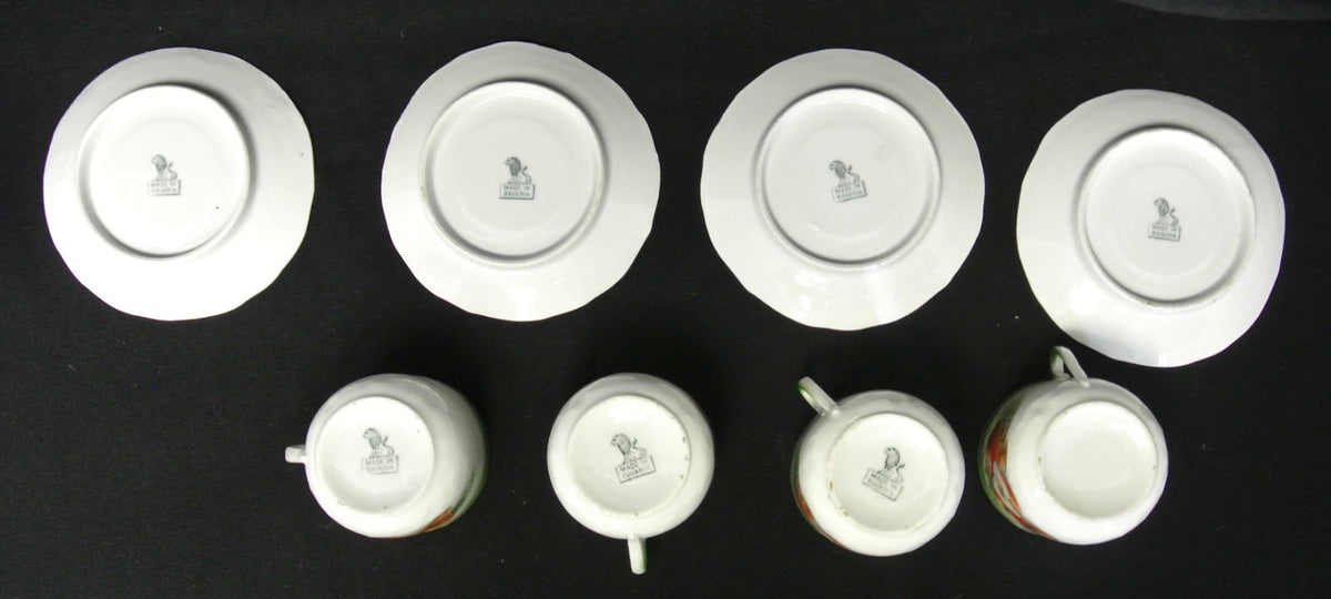 4 Vintage Lion Mark Made in Bavaria Green Cups & Saucers Decorated with Apples