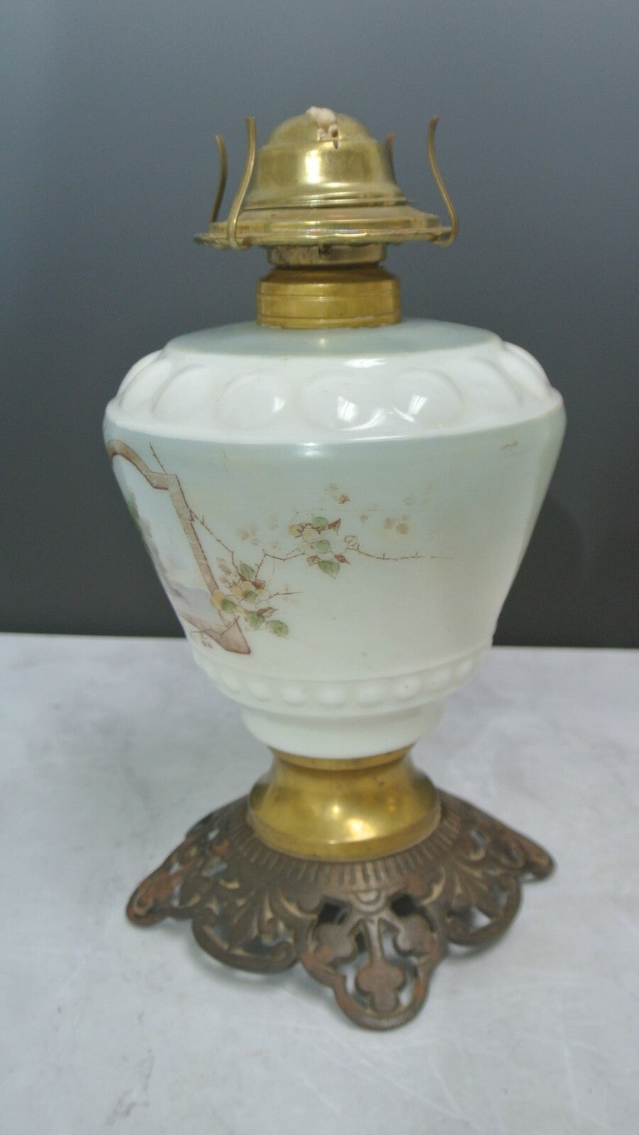 Vintage White Hurricane Lamp Base Hand-Painted Milk Glass For Repair