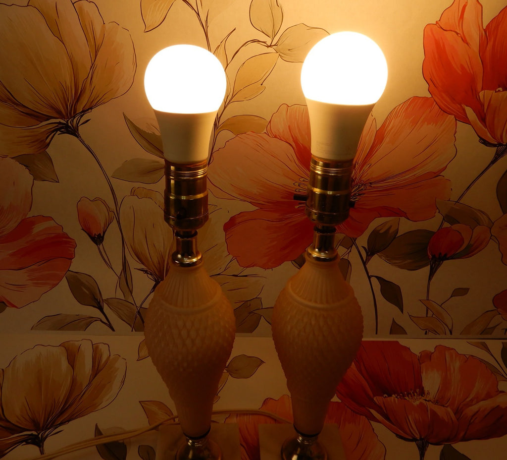 Pair of Pink Frosted Glass Quilted Pattern Table Lamps With Marble Base
