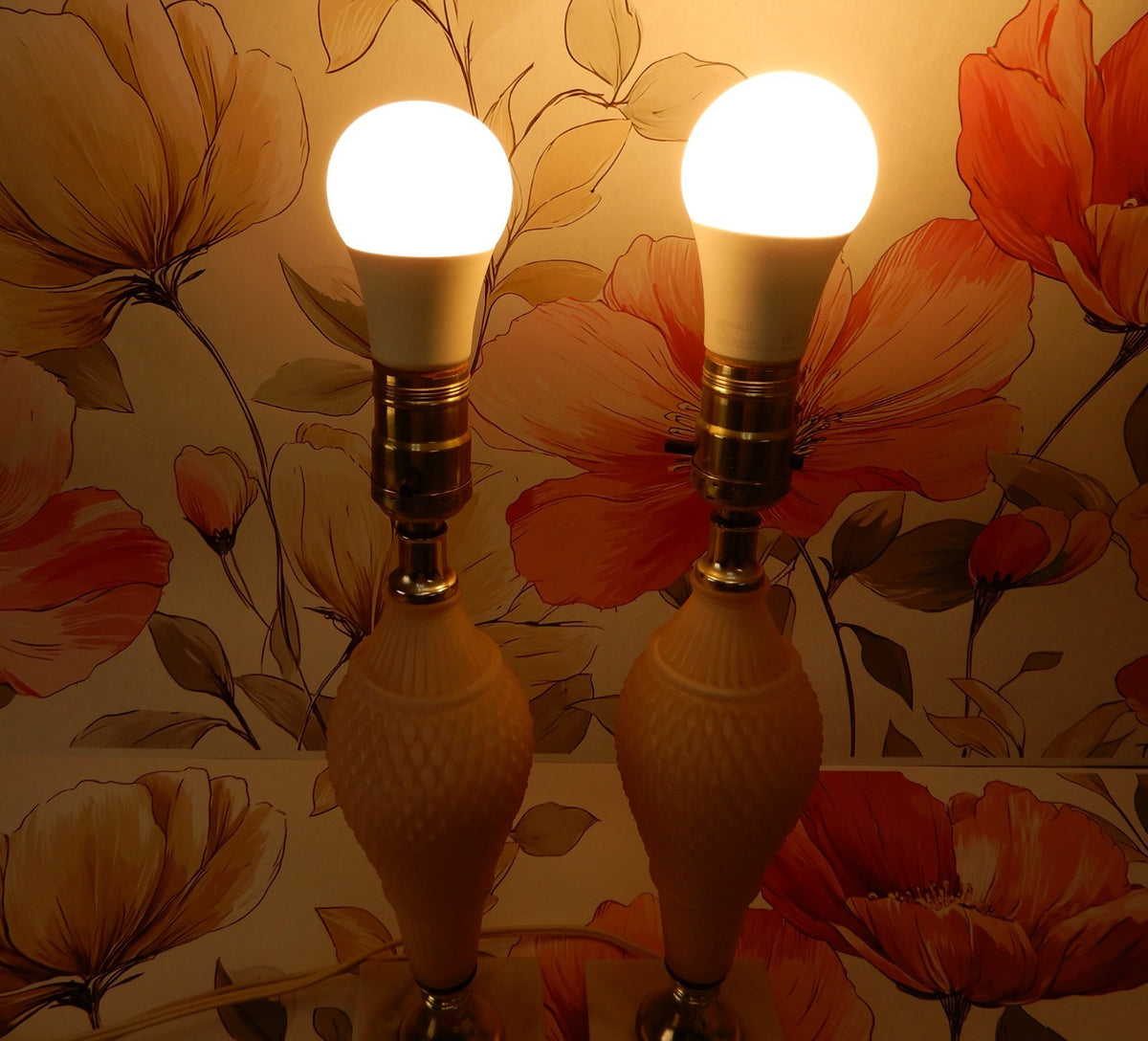 Pair of Pink Frosted Glass Quilted Pattern Table Lamps With Marble Base