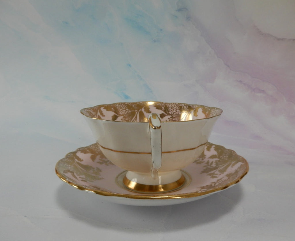 Paragon “ HM The Queen & HM Queen Mary” Light Pink Gold Filigre Cup And Saucer
