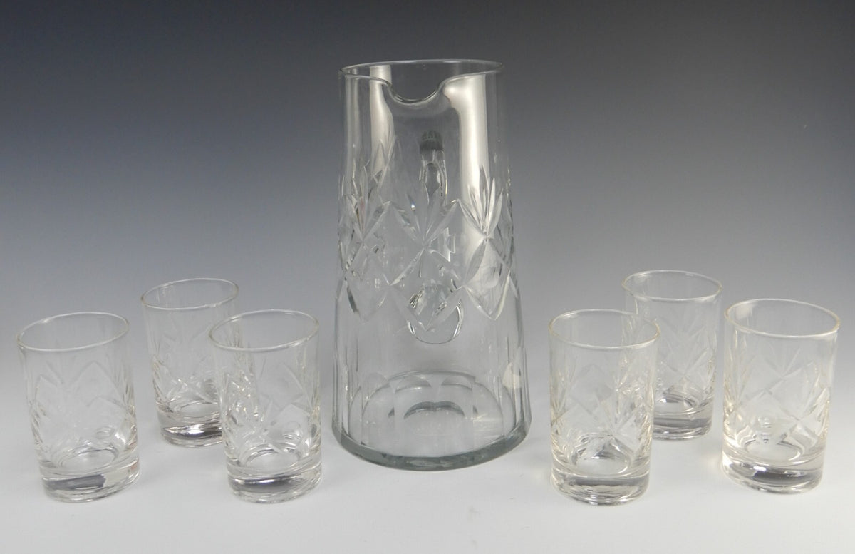 Vintage Clear Glass Set of Pitcher and 6 Juice Glasses