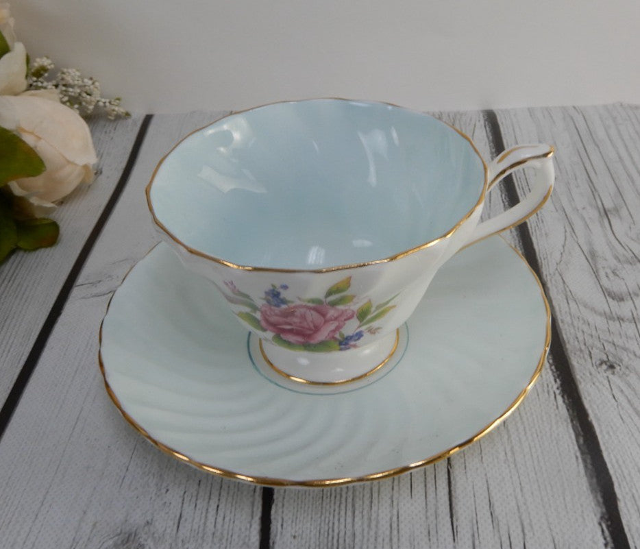 Vintage Aynsley Fine Bone China England w/ Rose Baby Blue Tea Cup & Saucer