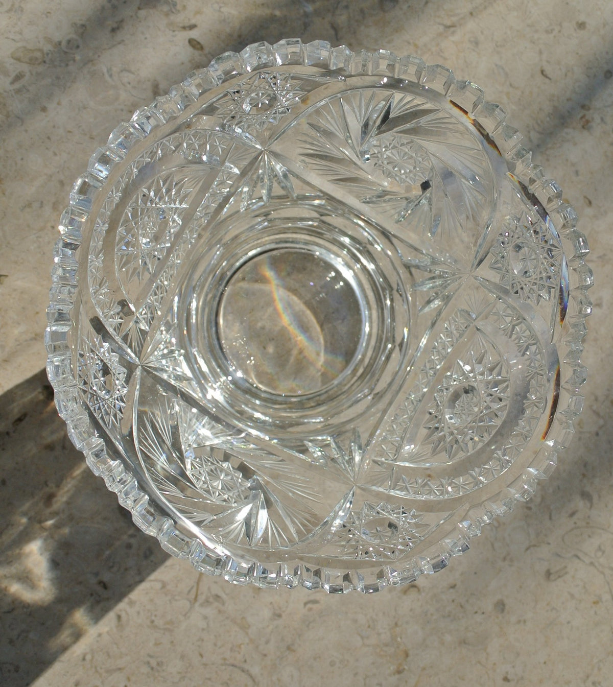 American Brilliant Period Hand Cut Glass Vase w/Hobstar, Pinwheels,Saw Tooth Rim