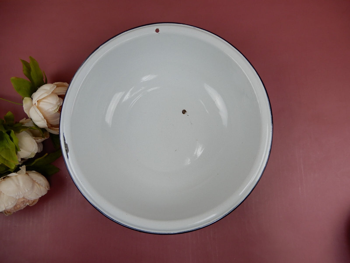 Enamelware Wash Basin Farmhouse Decor White with Black Rim and Hole for Hanging