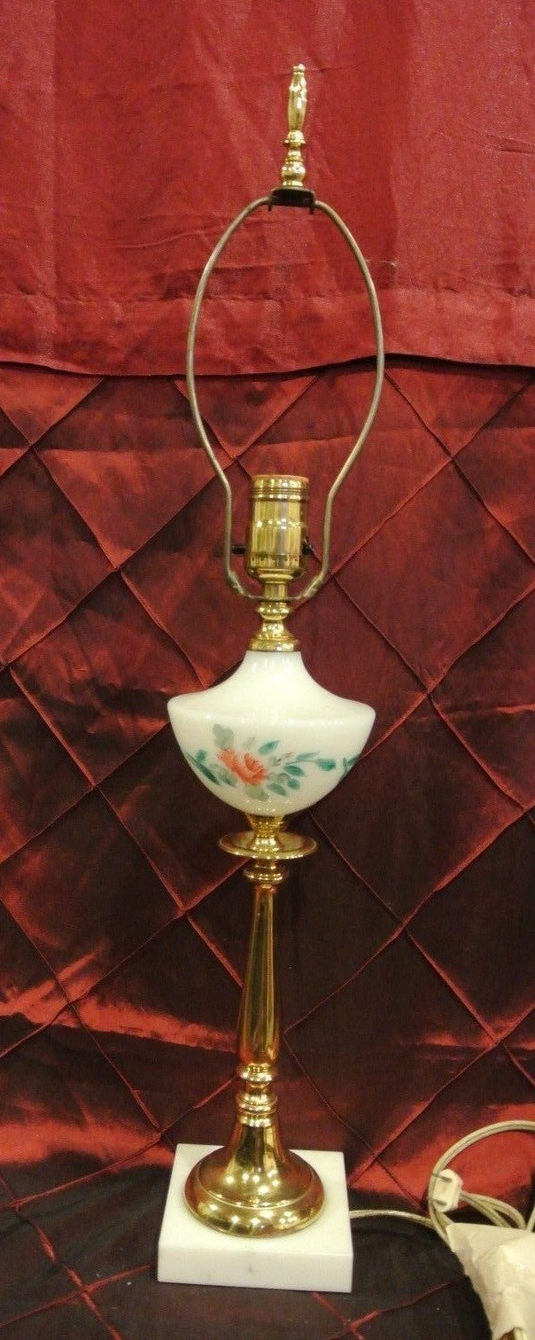 Vintage Brass White Milk Glass Hand Painted Lamp Marble Base