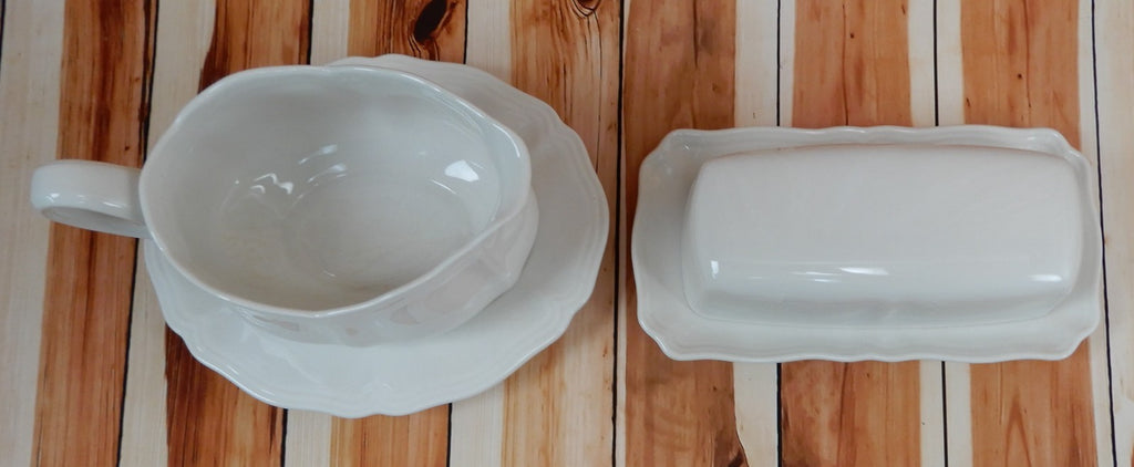 Federalist Ironstone White Made in Japan Gravy Boat Underplate and Butter Dish