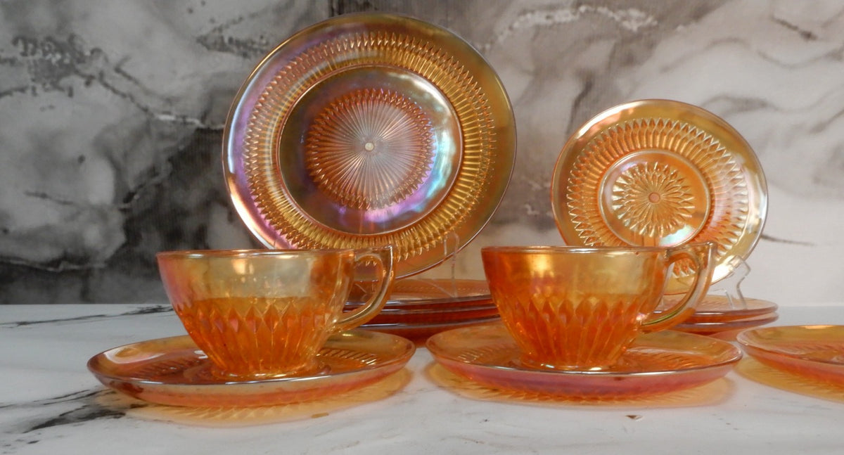 Vintage 12 Pc. Sunburst Iridescent Marigold Jeanette Glass Anniversary Pattern