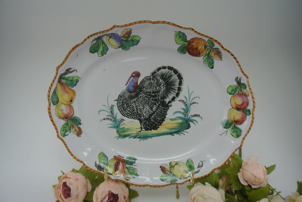 Vintage Large Italian Hand Painted Ceramic Pottery Turkey Platter