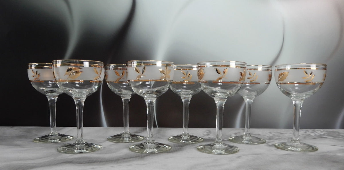 Vtg. Libbey Frosted Golden Foliage Gold Leaf Glass Cocktail Glasses, Set of 8