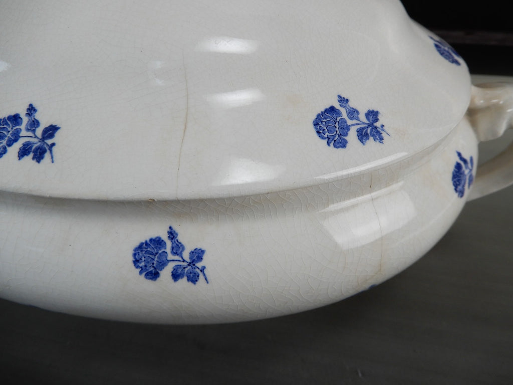 Antique GEFLE Porcelain Soup Tureen, Blue Rose Motif, Swedish Transferware