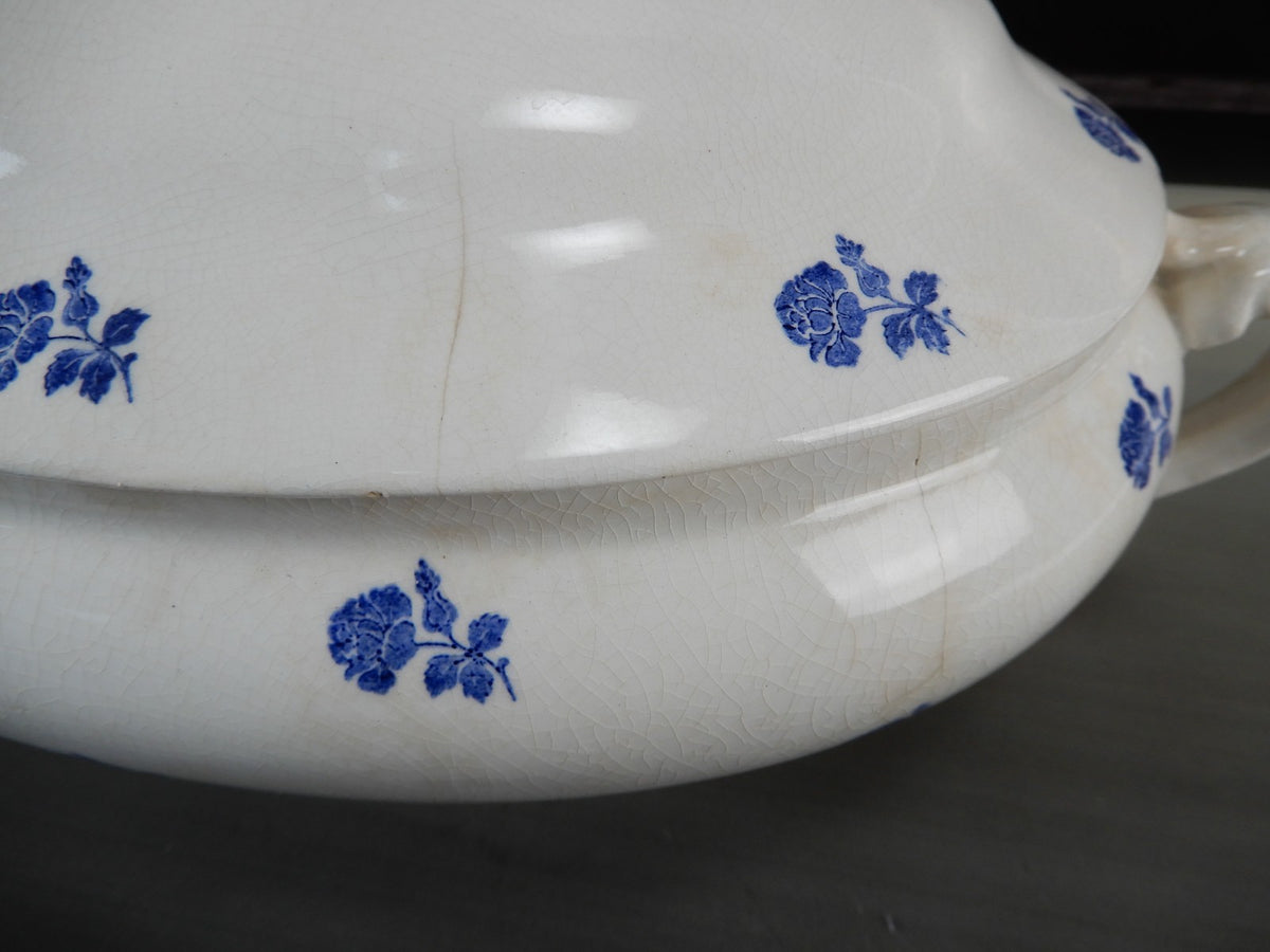 Antique GEFLE Porcelain Soup Tureen, Blue Rose Motif, Swedish Transferware