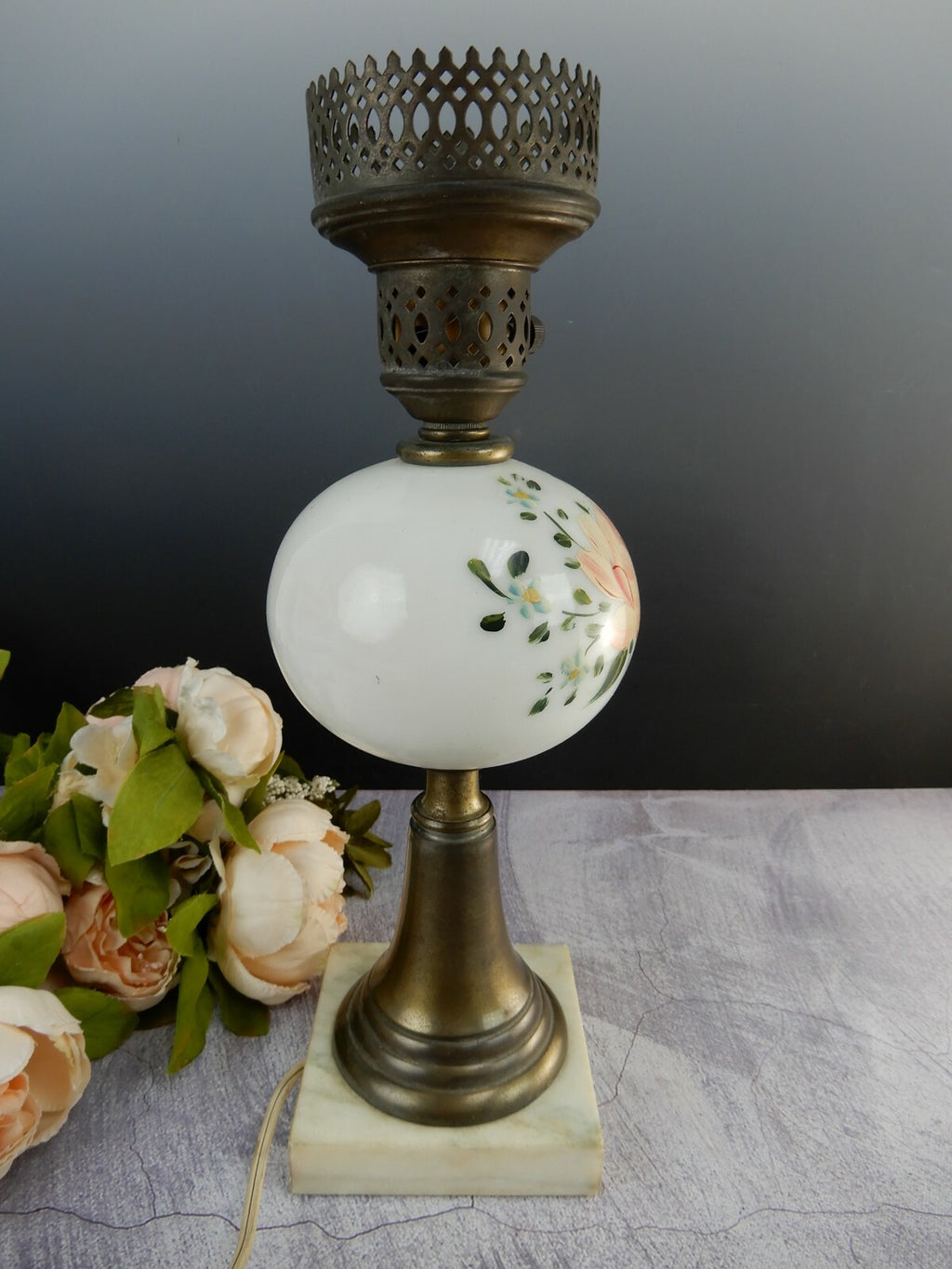 Vintage Marble Base Table Lamp Milk Glass Hand Painted Flower