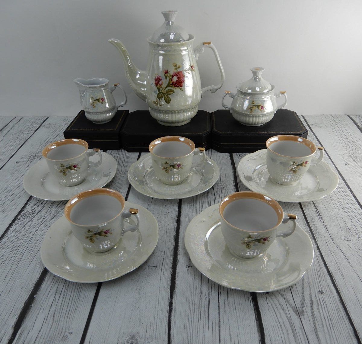Vintage Iridescent Wloclawek Porcelain 13 Piece Tea Service Poland Set