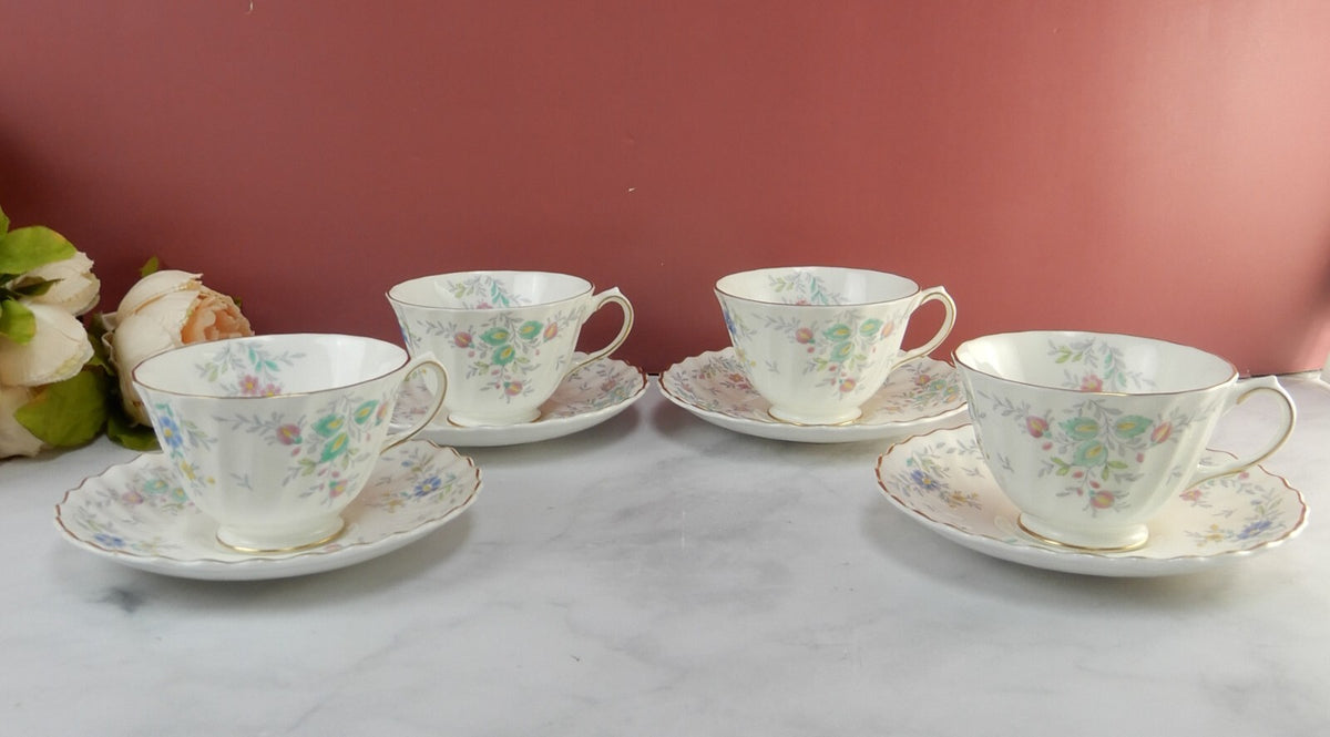 Vintage Royal Doulton Pastoral Pattern Set of Four Cups and Saucers