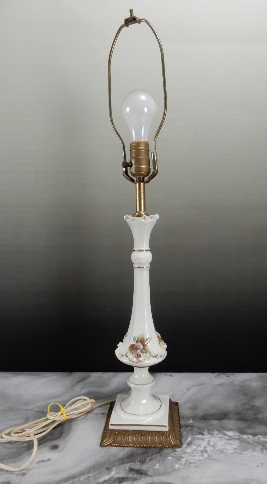 Vintage Porcelain Boudoir Table 3-Way Lamp with Applied Flowers 27" Tall
