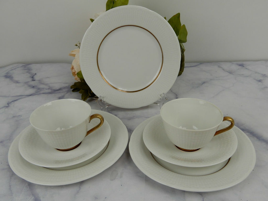 Rorstrand Sweden Swedish GRACE White & Gold 2 Cups & Saucers w/3 Dessert Plates