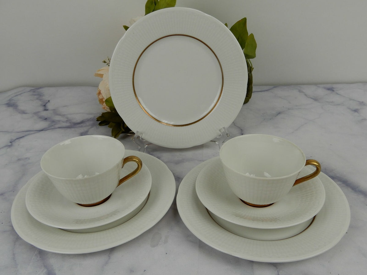 Rorstrand Sweden Swedish GRACE White & Gold 2 Cups & Saucers w/3 Dessert Plates