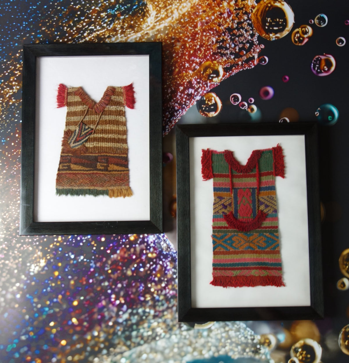 Pair of Precolombian Woven Textile Small Doll Dress Framed 11" X  8"