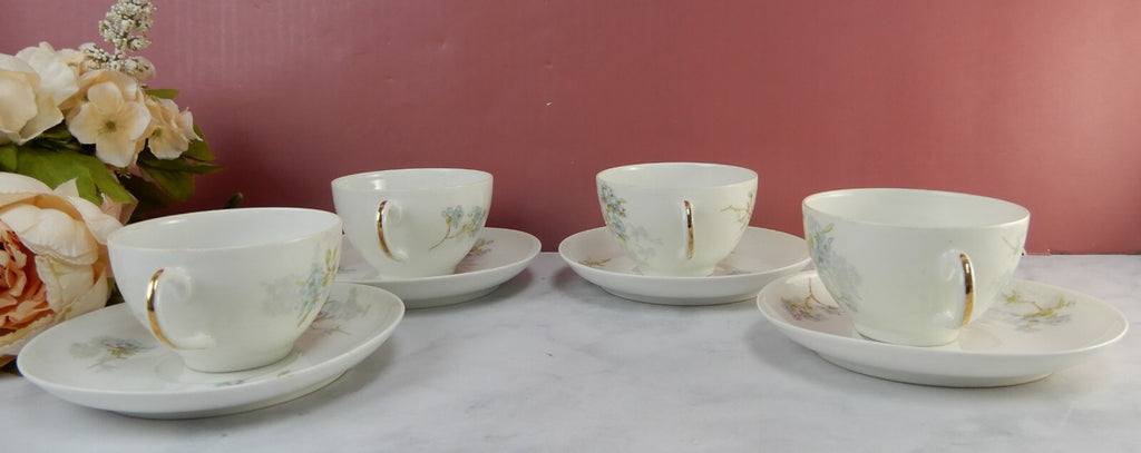 Antique Limoges A. Lanternier France Porcelain Blue Floral 4 Cups and Saucers