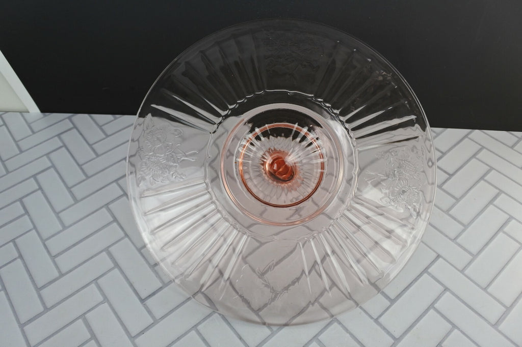 Hocking Glass Mayfair aka Open Rose, Pink, Center Handled Sandwich Server Tray