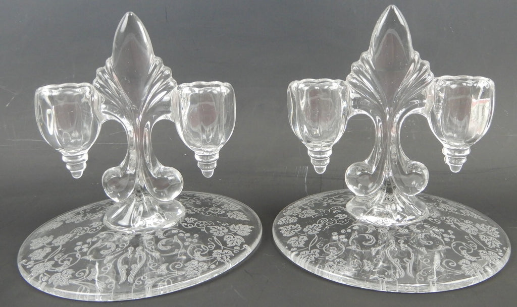 Pair of New Martinsville "Florentine" Double Light Fleur De Lis Candle Holders