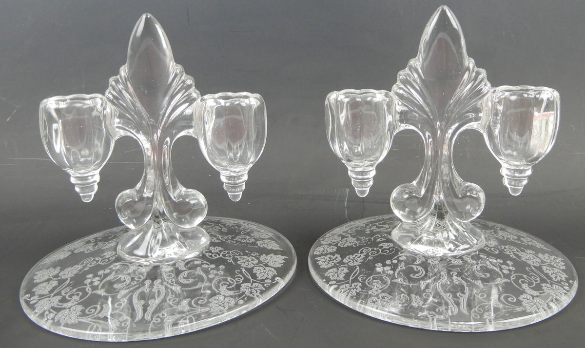 Pair of New Martinsville "Florentine" Double Light Fleur De Lis Candle Holders
