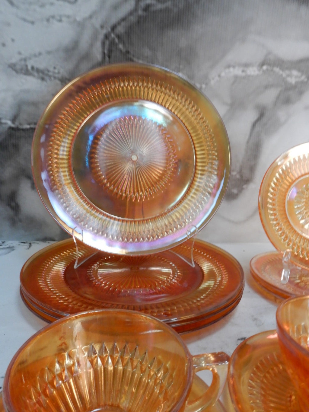 Vintage 12 Pc. Sunburst Iridescent Marigold Jeanette Glass Anniversary Pattern