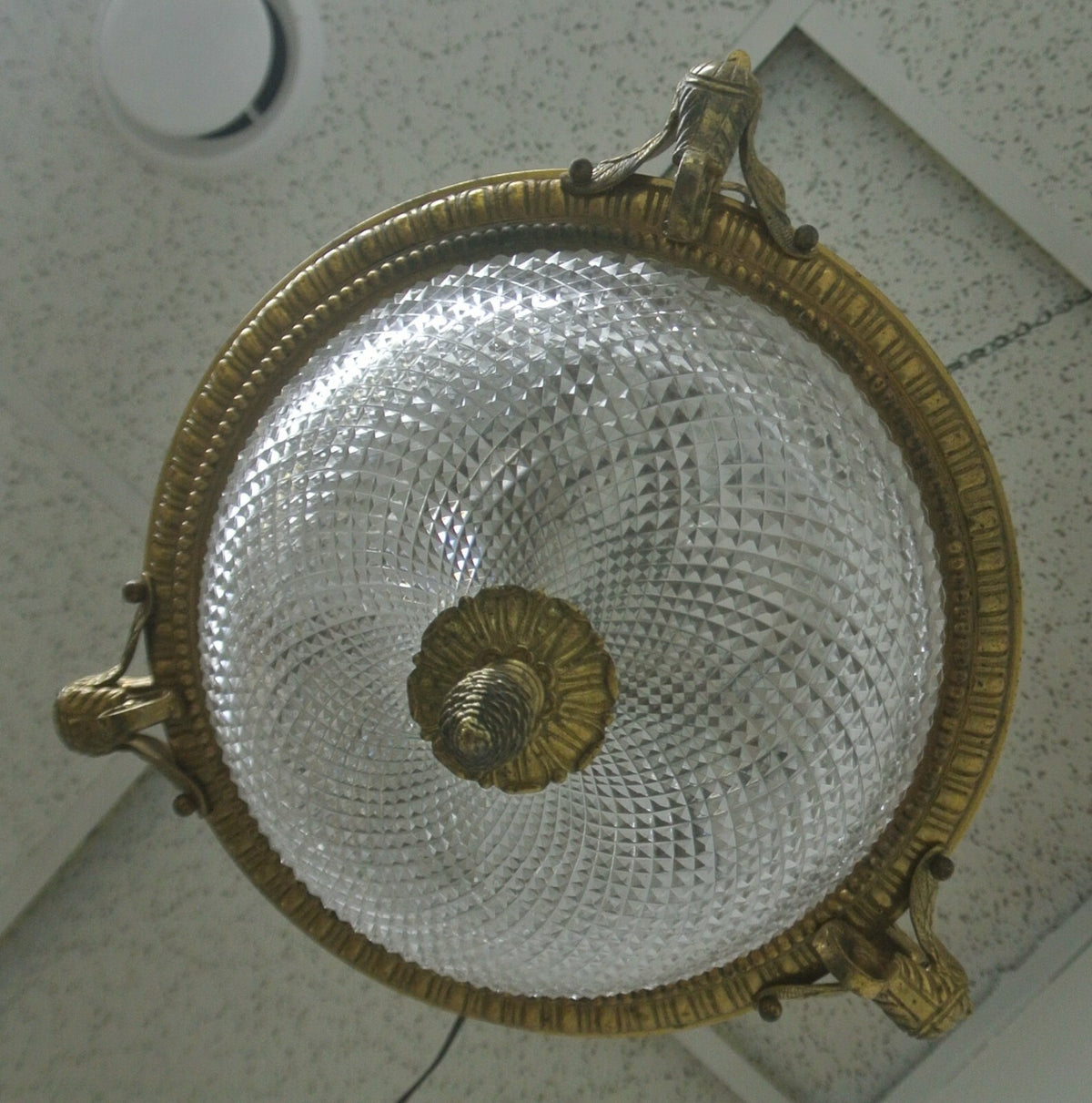 Vintage French Brass Ceiling Fixture Chandelier with Cut Glass Crystal Body