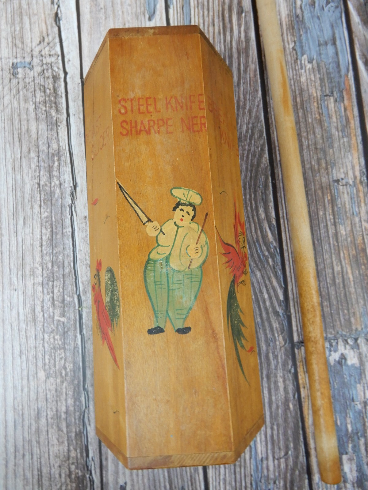 Vintage Wood Knife Holder Rack Wall Mount Kitchen Roosters & Chef Made in Japan