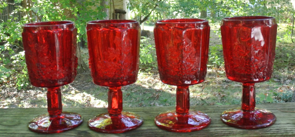 Set of 4 L. G. Wright Ruby Red Glass Westmoreland's Paneled Grape 6" Goblets 8oz