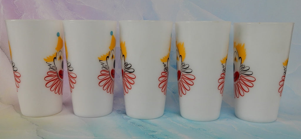 Set of 5 Hazel Atlas Milk Glass Clown Face High Ball Tumbler Glass 11 oz